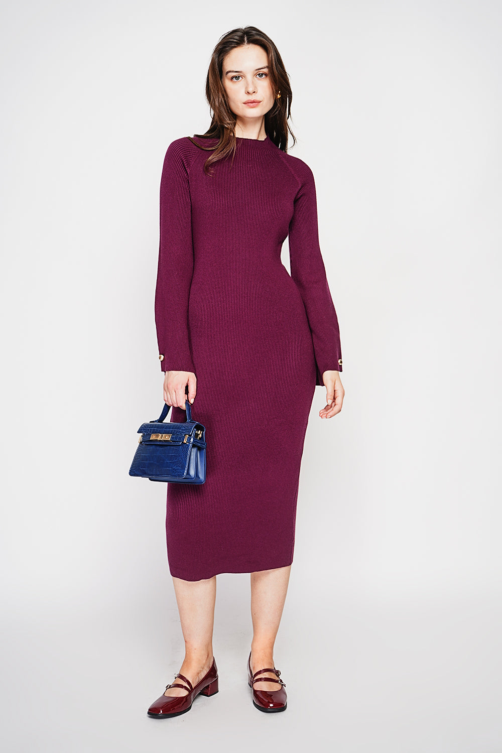 Ribbed high neck dress with buttoning on the long sleeves – Wine red – C&Jo