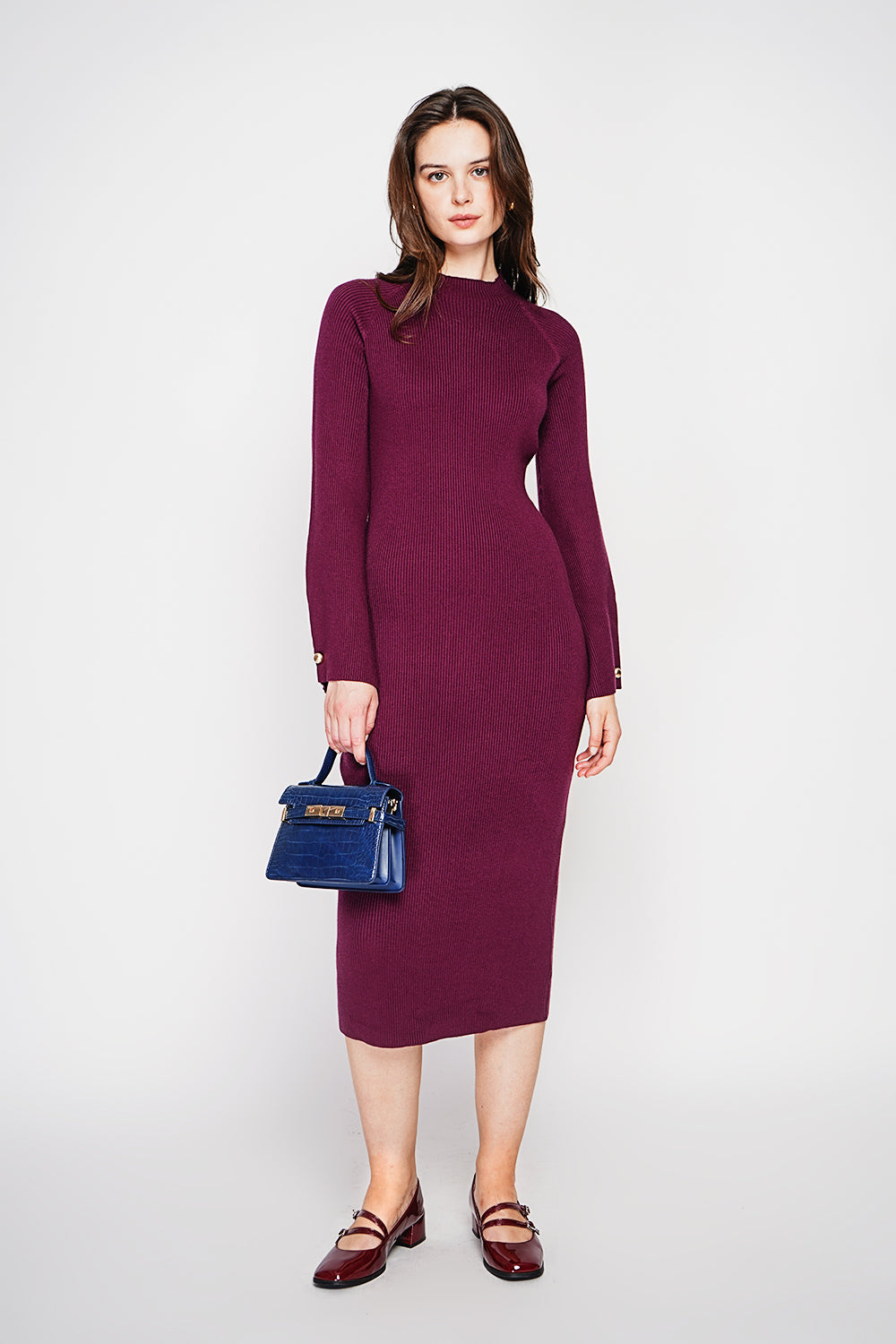 Ribbed high neck dress with buttoning on the long sleeves – Wine red – C&Jo