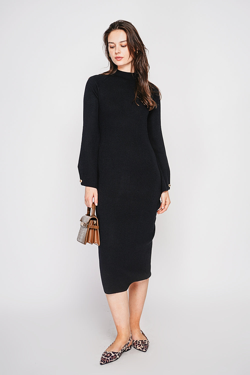 Ribbed high neck dress with buttoning on the long sleeves – Black – C&Jo