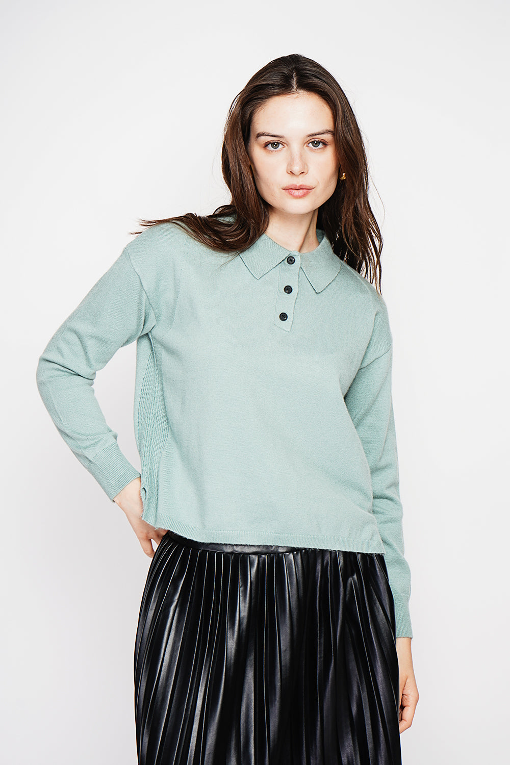 Polo neck sweater Ribbed edges Oversized fit with long sleeves – Jade green – C&Jo