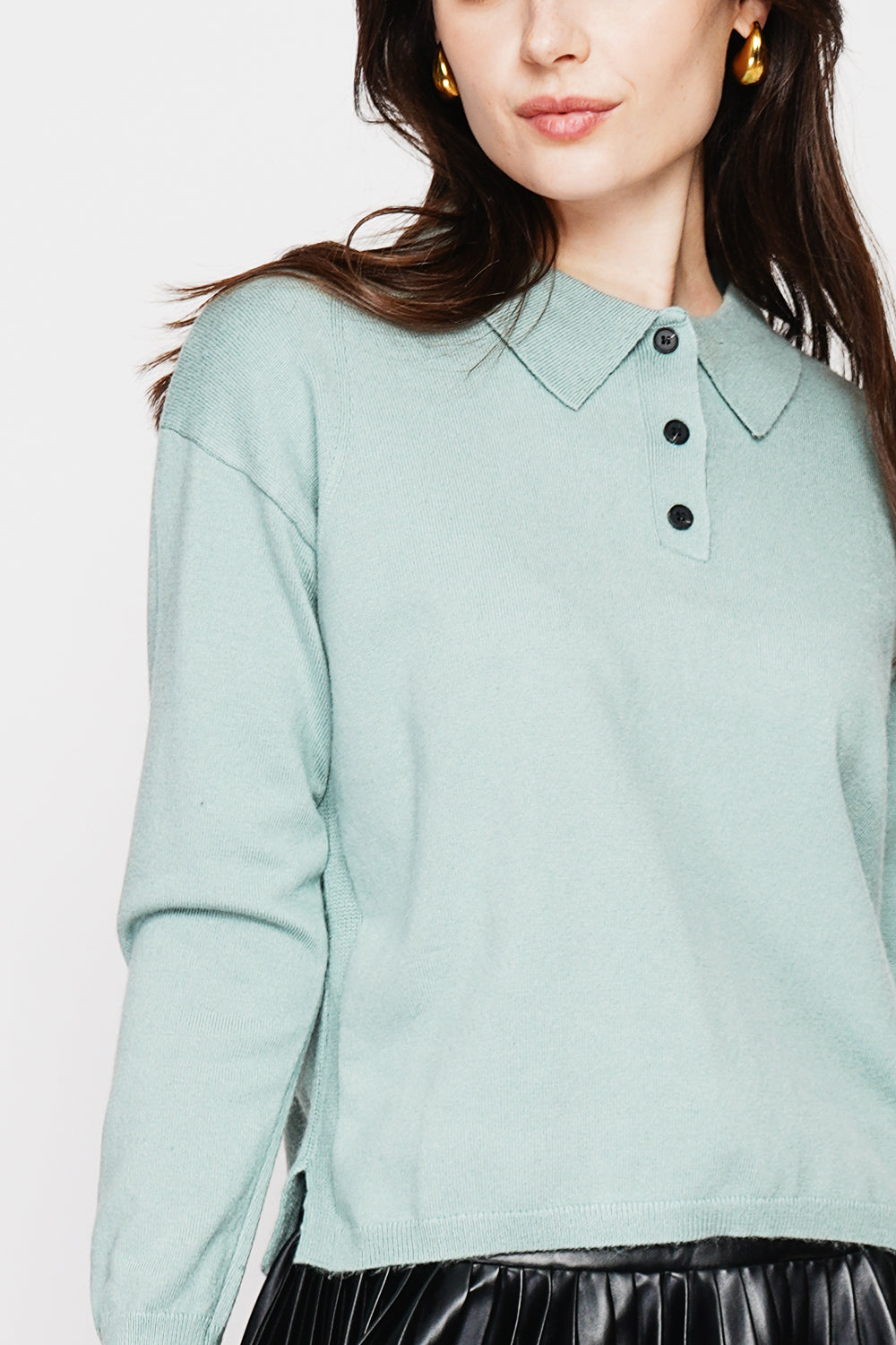 Polo neck sweater Ribbed edges Oversized fit with long sleeves – Jade green – C&Jo