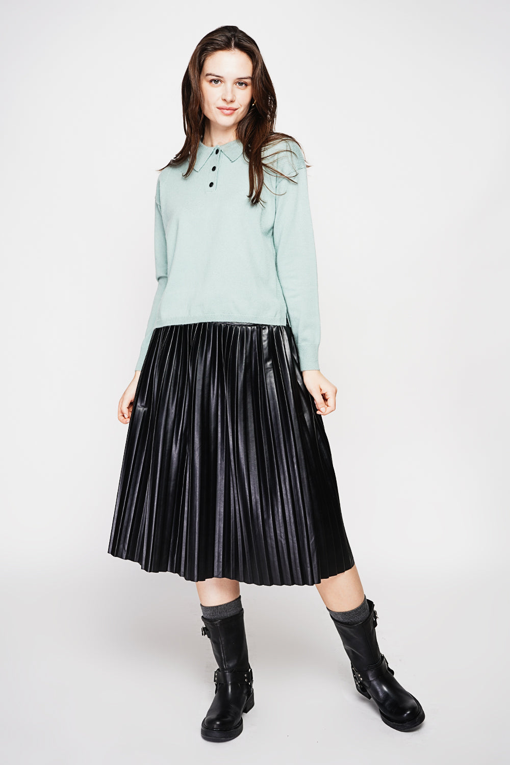 Polo neck sweater Ribbed edges Oversized fit with long sleeves – Jade green – C&Jo