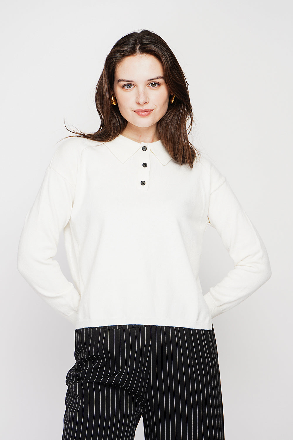 Polo neck sweater Ribbed edges Oversized fit with long sleeves – Off white – C&Jo
