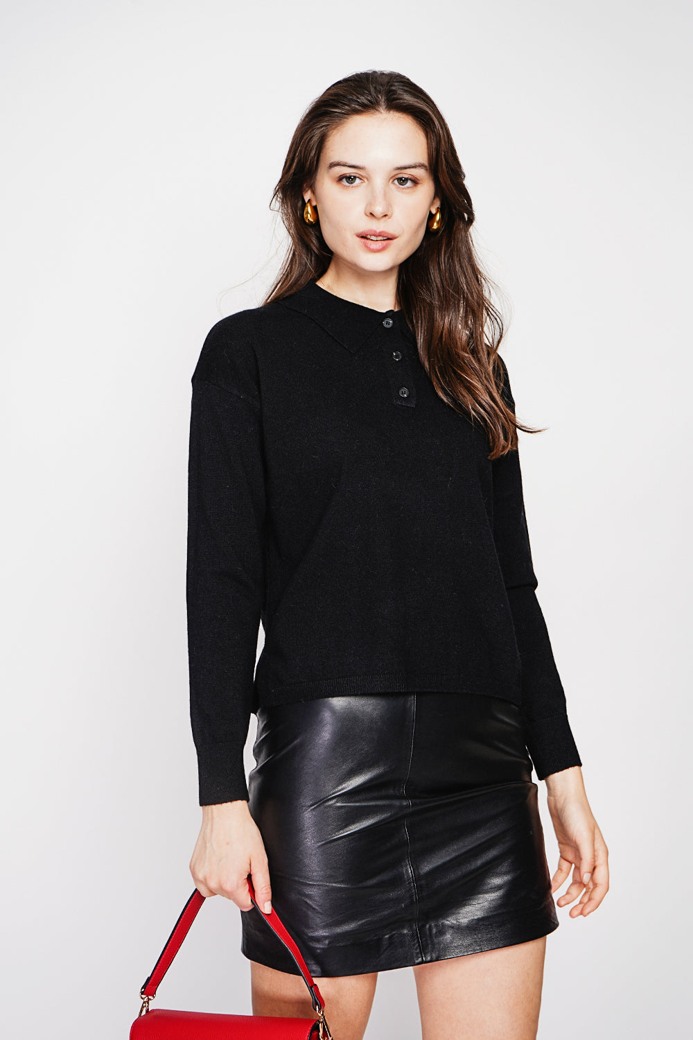 Polo neck sweater Ribbed edges Oversized fit with long sleeves – Black – C&Jo