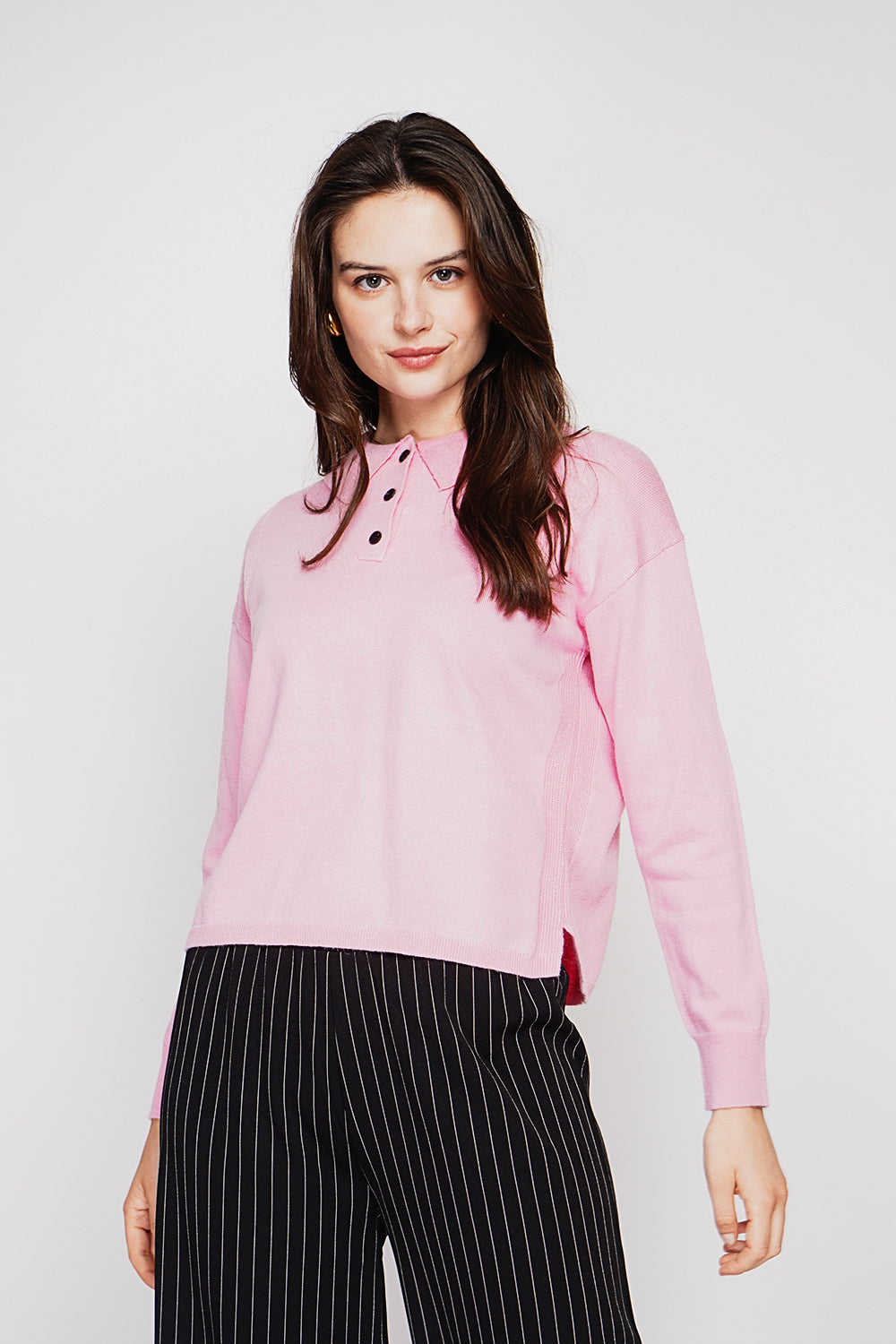 Polo neck sweater Ribbed edges Oversized fit with long sleeves – Pink Barby – C&Jo
