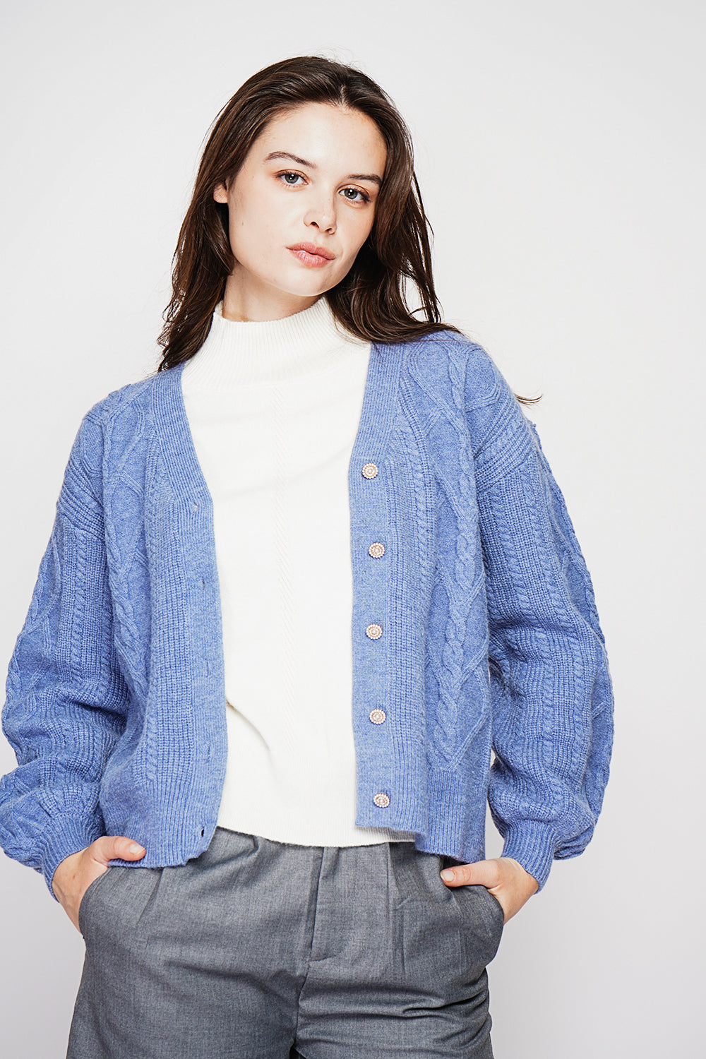 V-neck cardigan in fancy knit, oversized cut with long sleeves – Bleu Grey – C&Jo