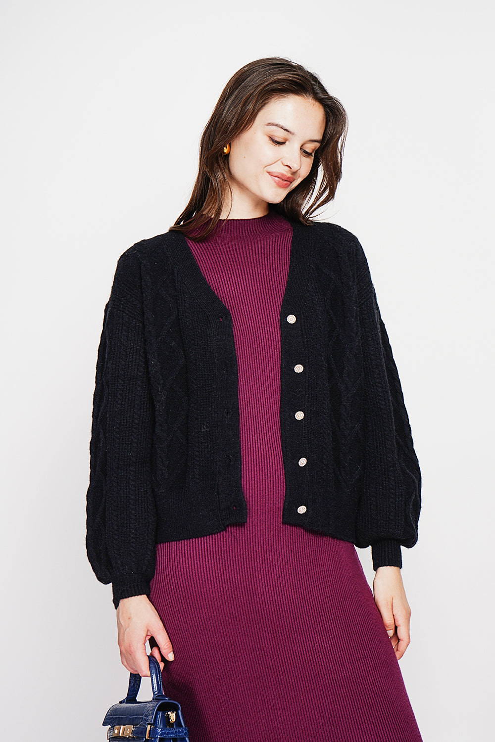 V-neck cardigan in fancy knit, oversized cut with long sleeves – Black – C&Jo