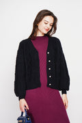 V-neck cardigan in fancy knit, oversized cut with long sleeves – Black – C&Jo