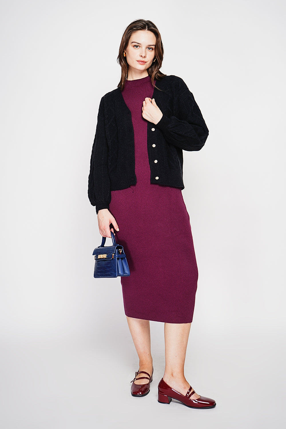 V-neck cardigan in fancy knit, oversized cut with long sleeves – Black – C&Jo