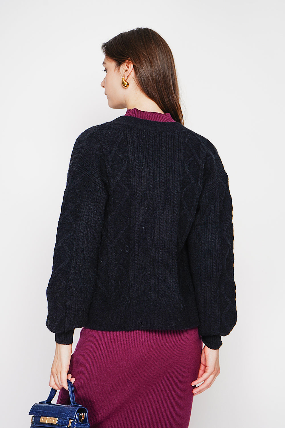 V-neck cardigan in fancy knit, oversized cut with long sleeves – Black – C&Jo