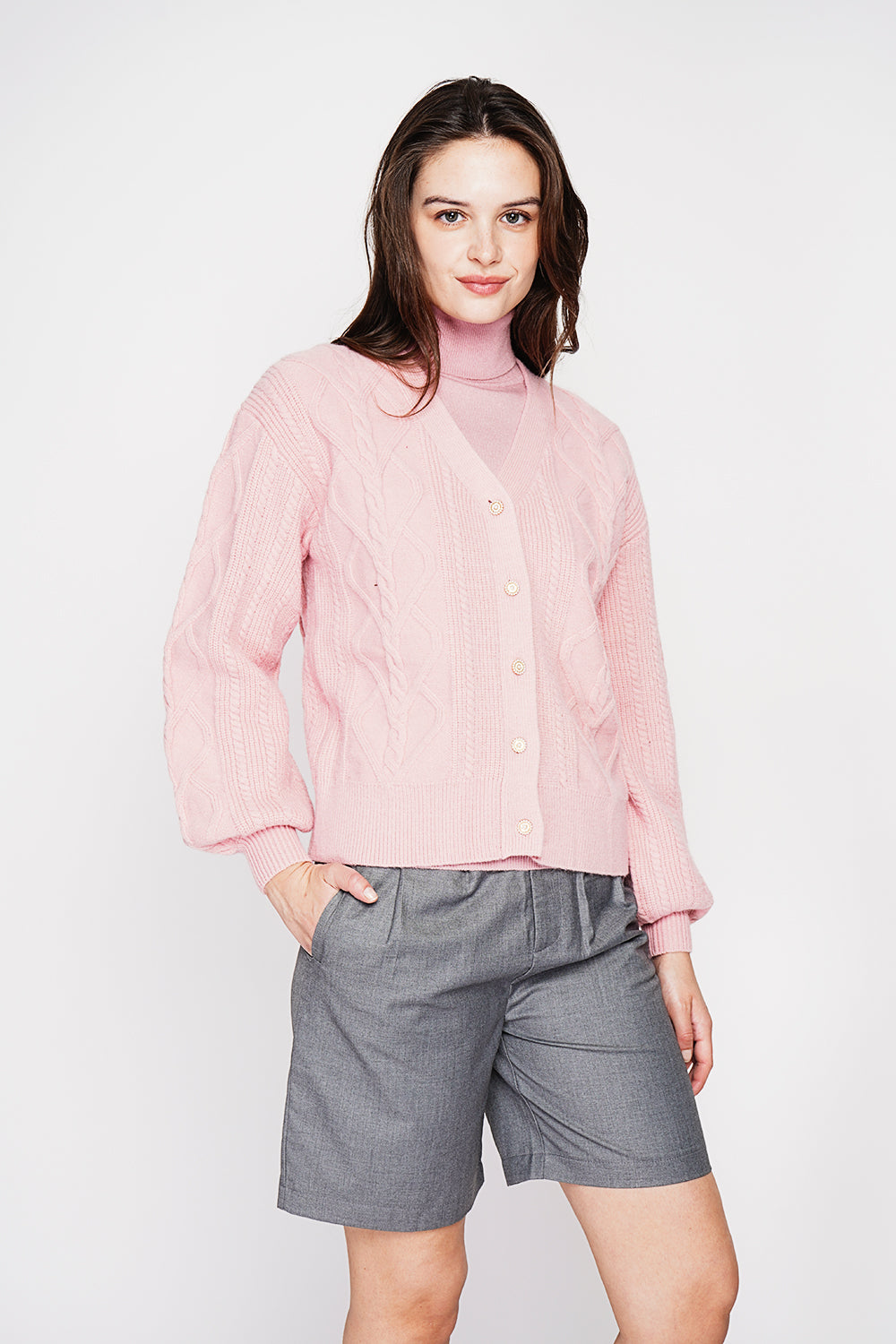V-neck cardigan in fancy knit, oversized cut with long sleeves – Pink dust – C&Jo