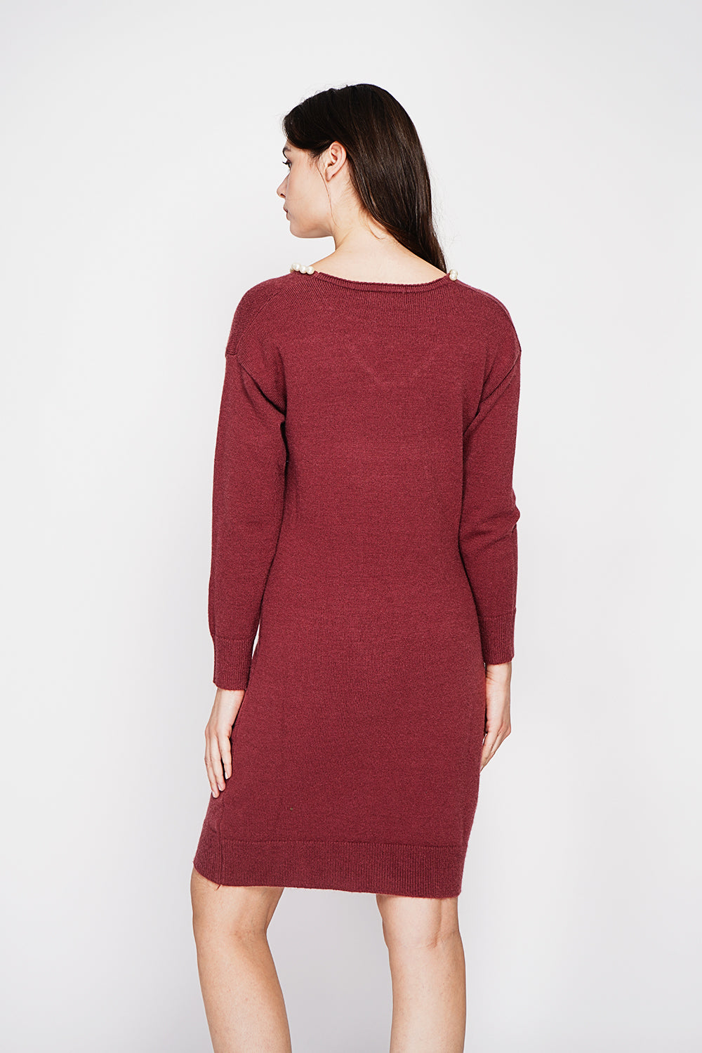 Oversized pearl collar dress with long sleeves – Wine red – C&Jo