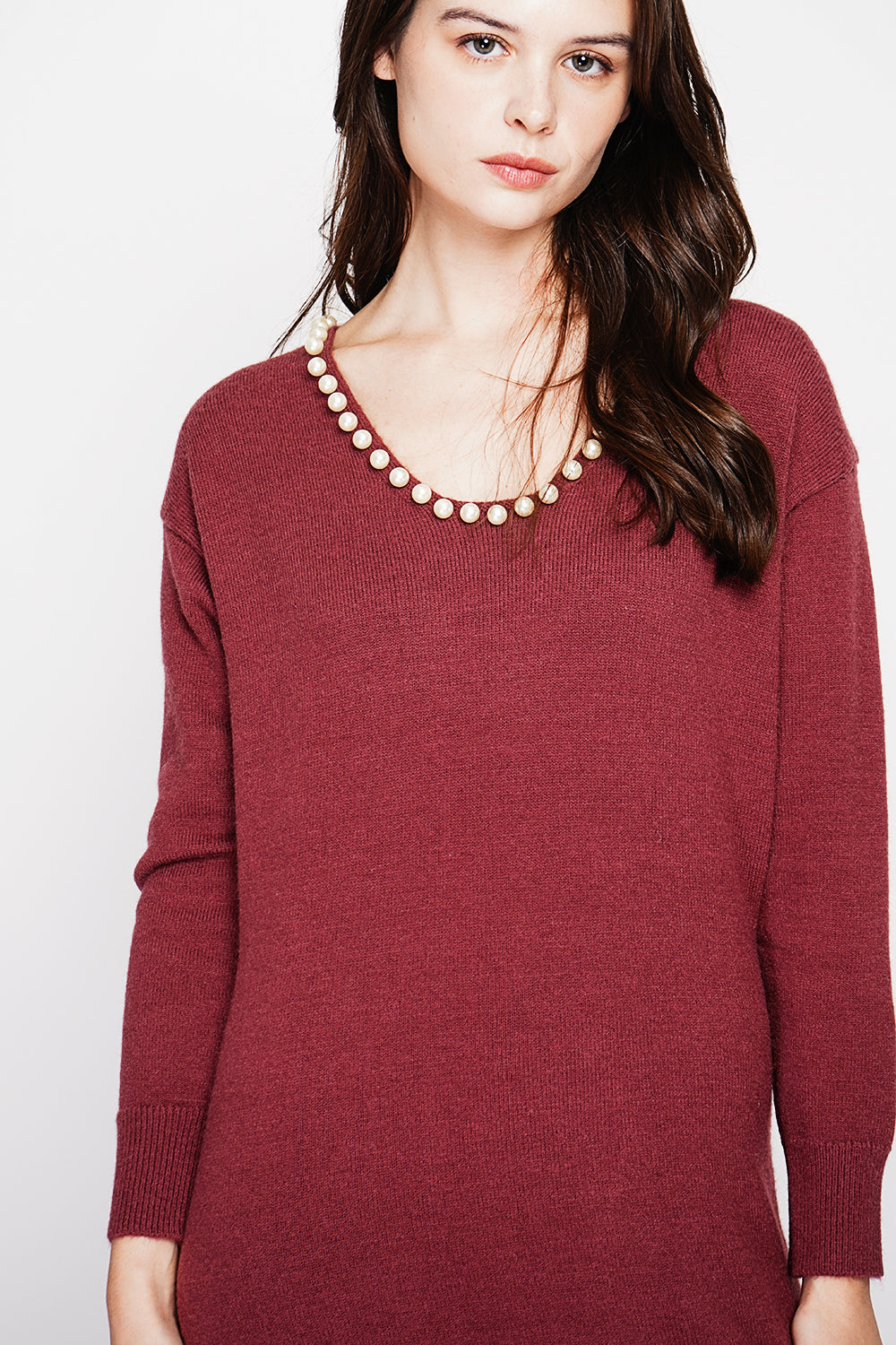 Oversized pearl collar dress with long sleeves – Wine red – C&Jo