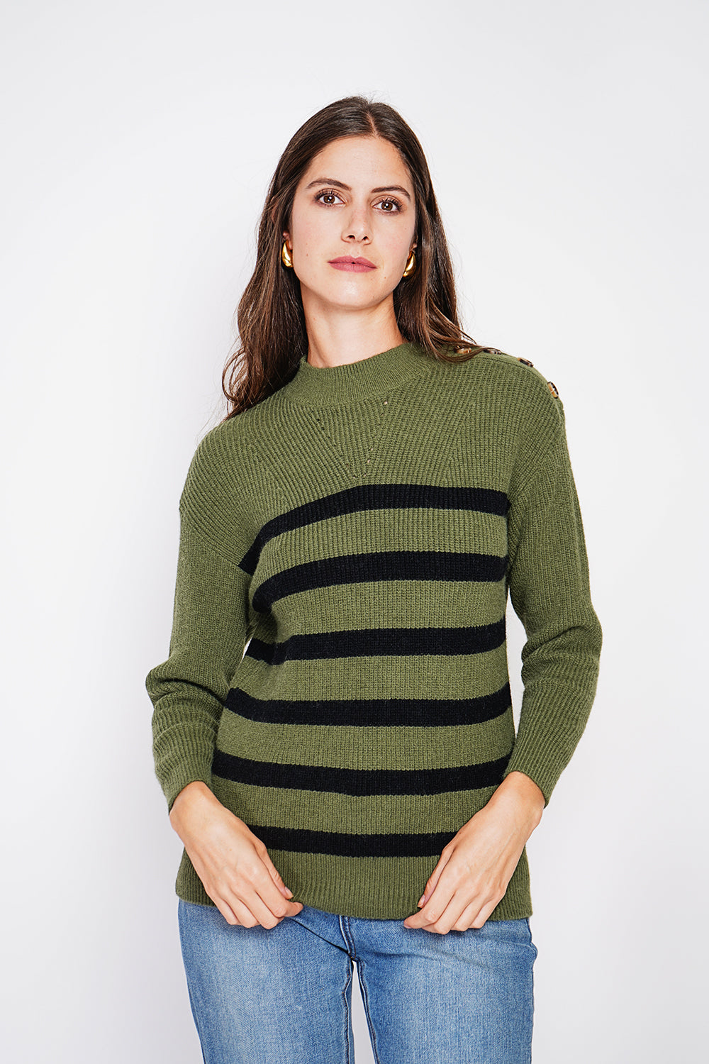 Openwork high neck sweater with buttoned shoulder and long sleeves