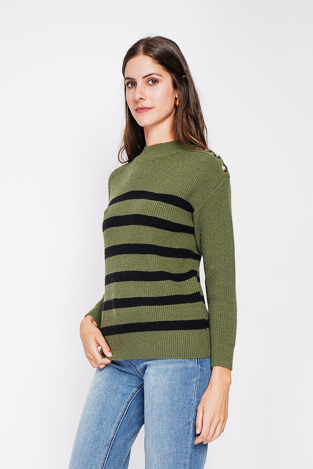 Openwork high neck sweater with buttoned shoulder and long sleeves