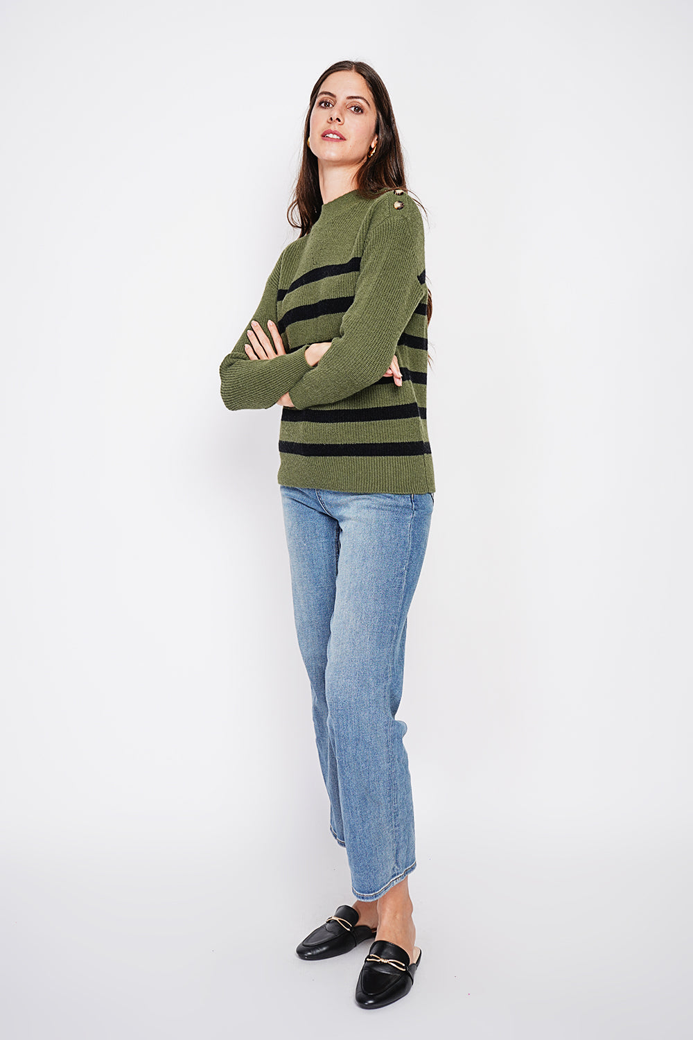 Openwork high neck sweater with buttoned shoulder and long sleeves