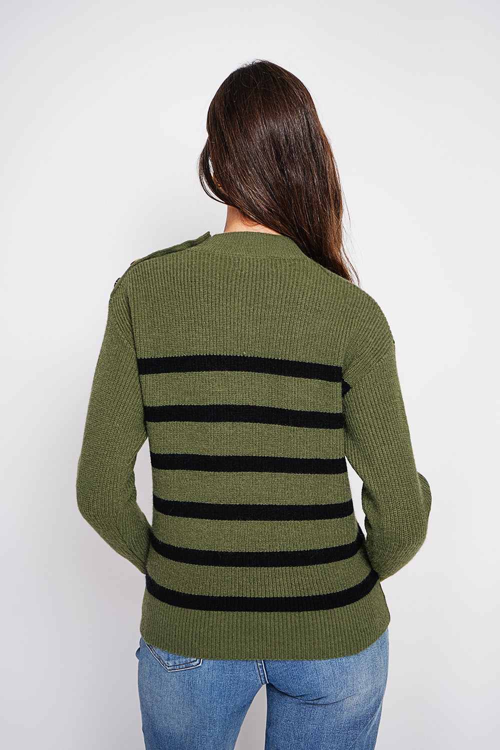 Openwork high neck sweater with buttoned shoulder and long sleeves