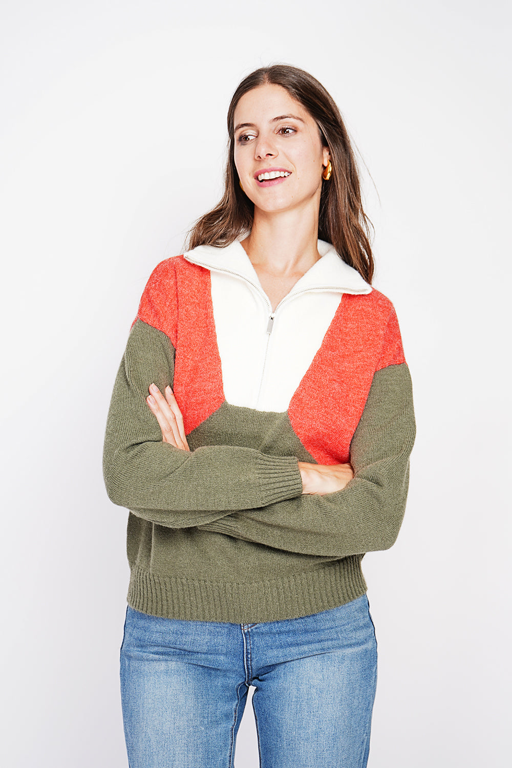 Oversized fit ribbed crew neck sweater with long sleeves – Khaki – C&Jo