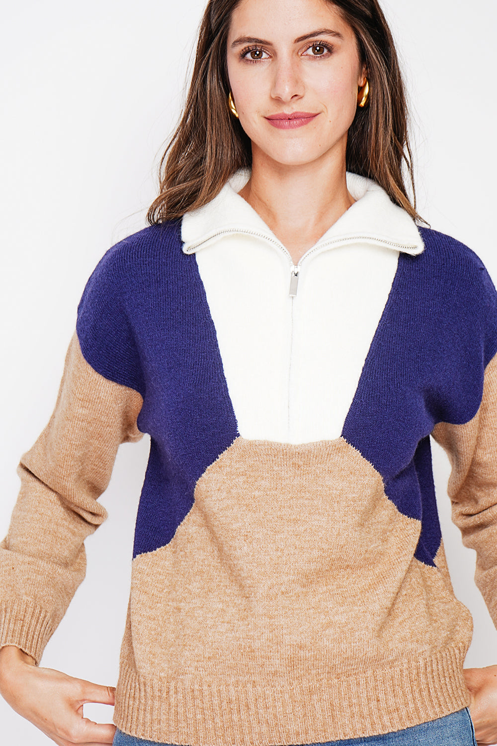 Oversized fit ribbed crew neck sweater with long sleeves – Nougat – C&Jo