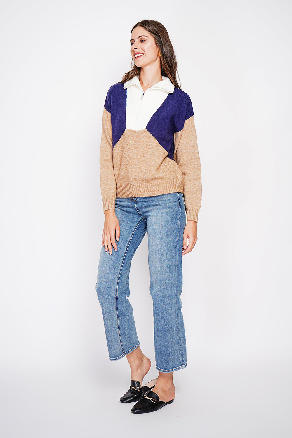 Oversized fit ribbed crew neck sweater with long sleeves – Nougat – C&Jo