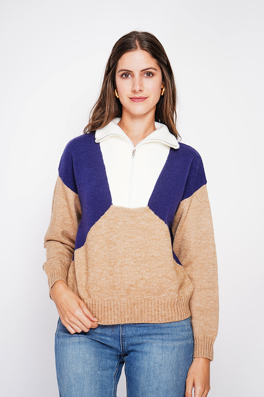 Oversized fit ribbed crew neck sweater with long sleeves – Nougat – C&Jo