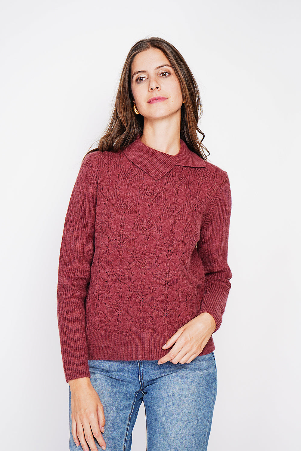 Long sleeve turtleneck sweater with fancy knit front – Wine red – C&Jo