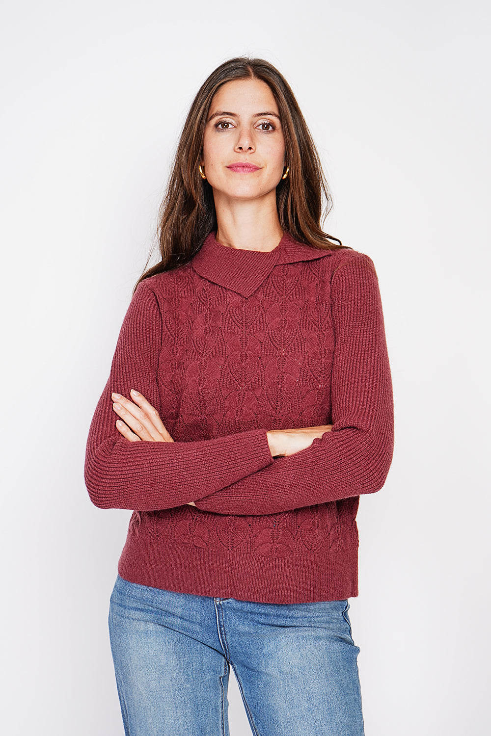 Long sleeve turtleneck sweater with fancy knit front – Wine red – C&Jo