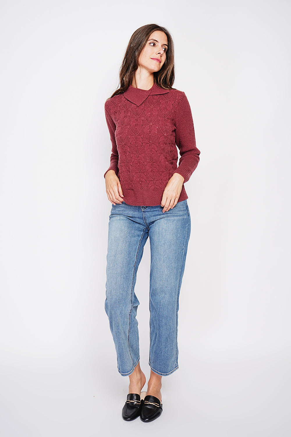 Long sleeve turtleneck sweater with fancy knit front – Wine red – C&Jo