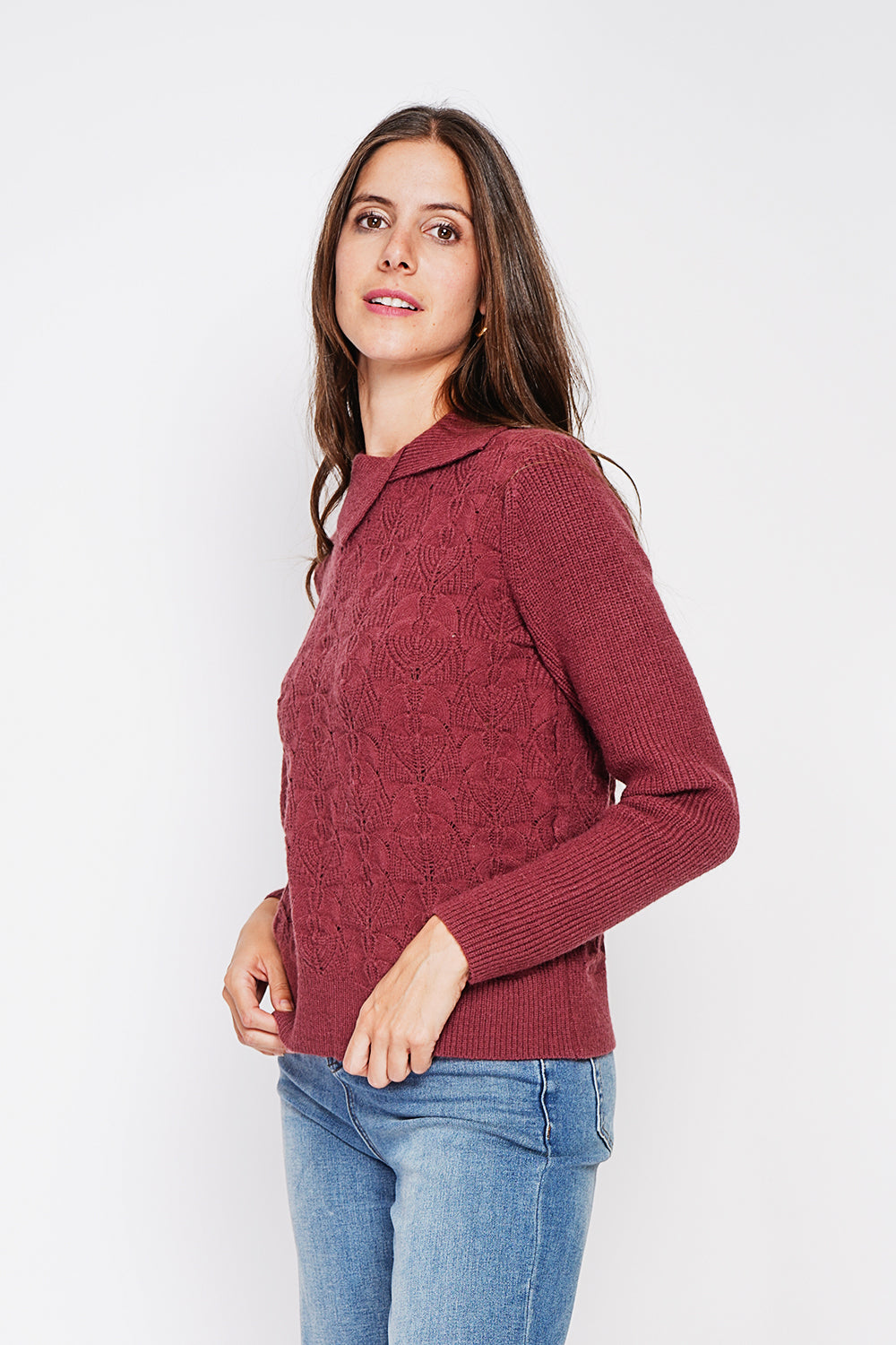 Long sleeve turtleneck sweater with fancy knit front – Wine red – C&Jo