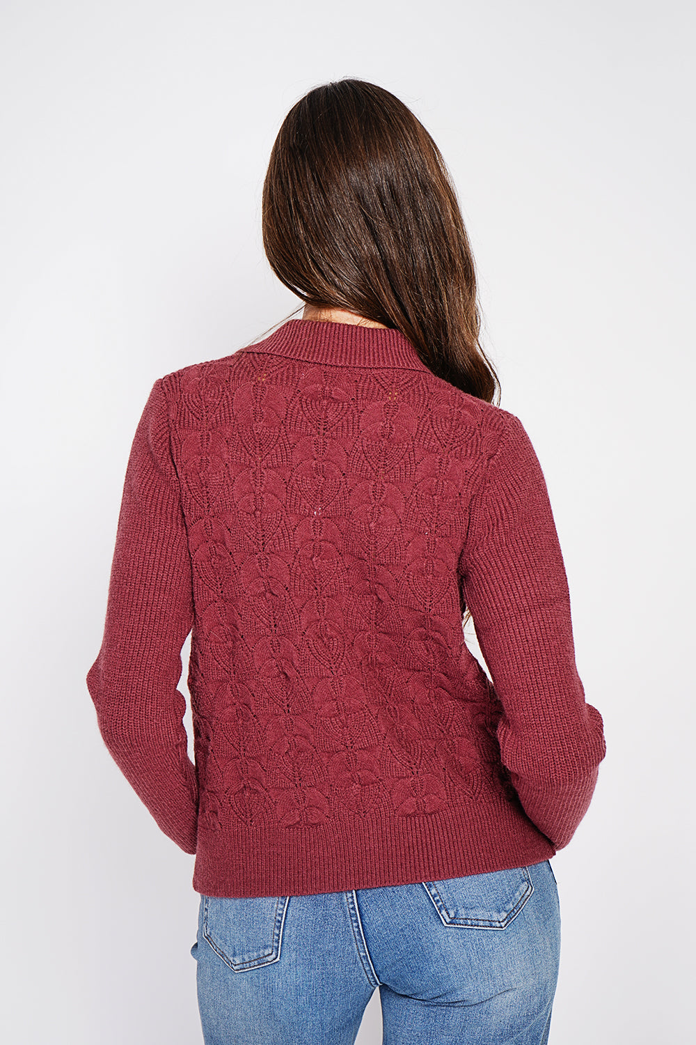 Long sleeve turtleneck sweater with fancy knit front – Wine red – C&Jo