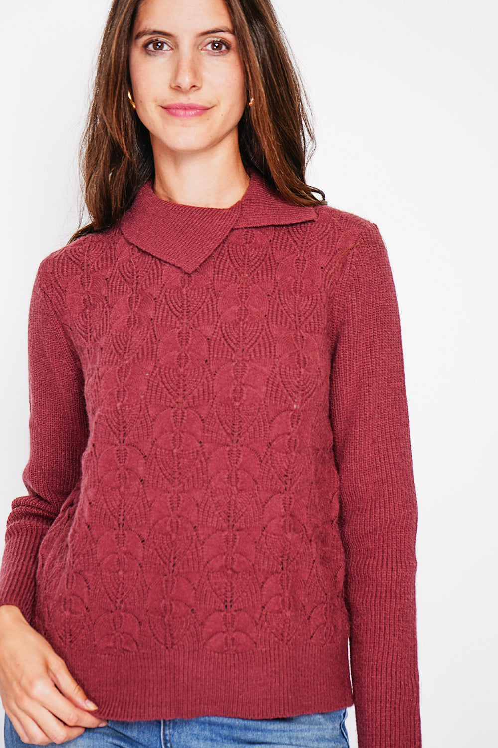 Long sleeve turtleneck sweater with fancy knit front – Wine red – C&Jo