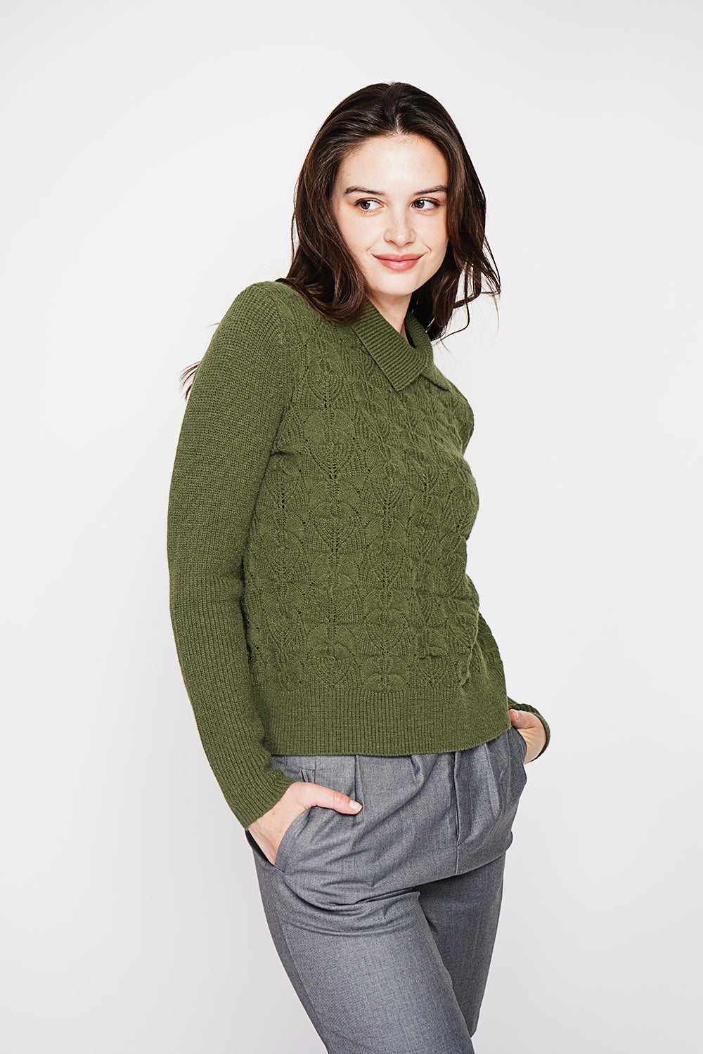 Long sleeve turtleneck sweater with fancy knit front