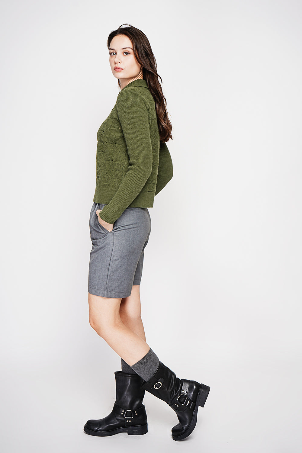 Long sleeve turtleneck sweater with fancy knit front