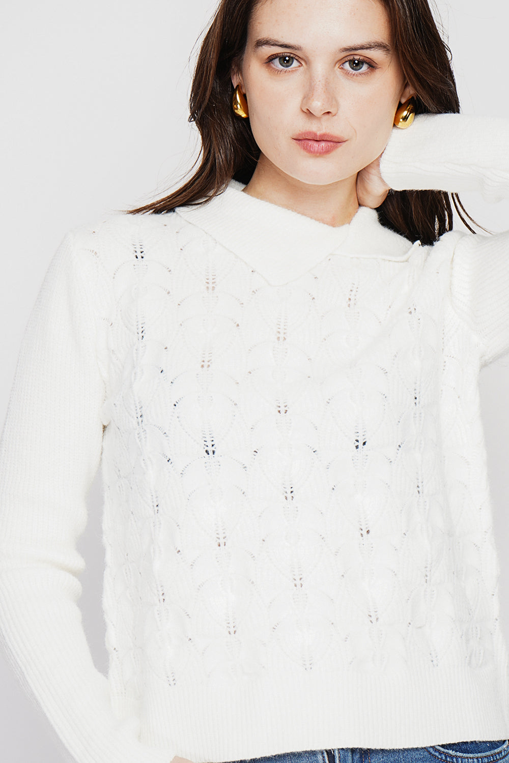 Long sleeve turtleneck sweater with fancy knit front