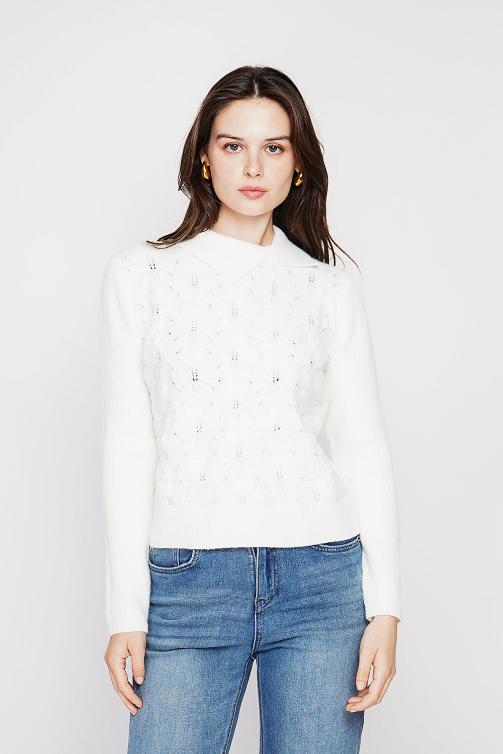 Long sleeve turtleneck sweater with fancy knit front – Off white – C&Jo
