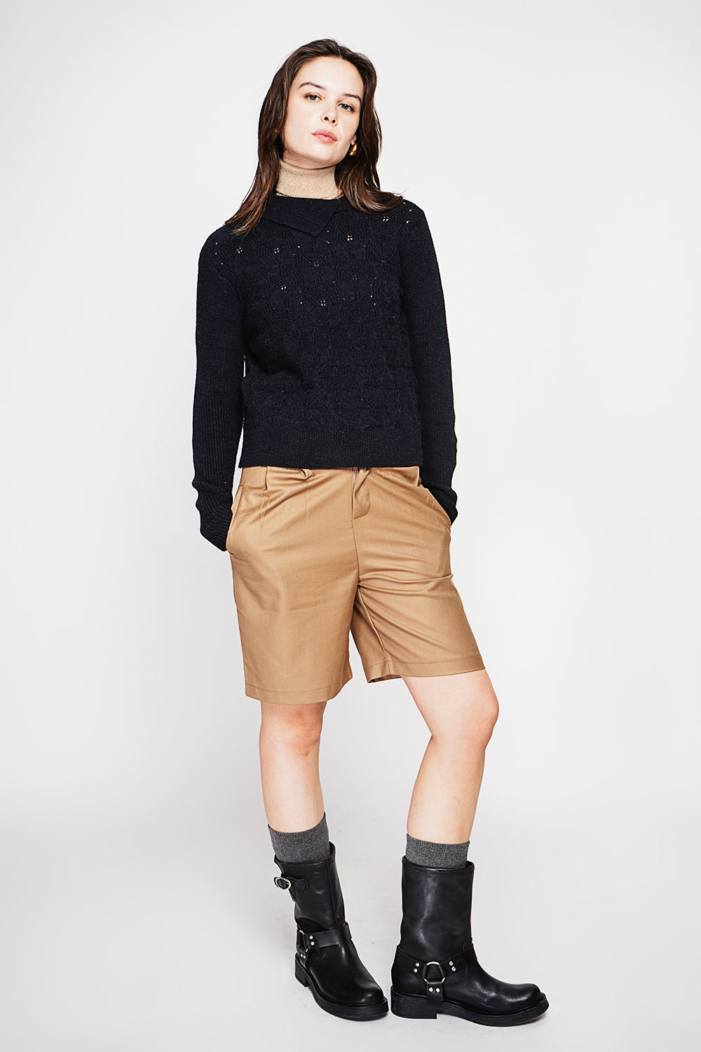 Long sleeve turtleneck sweater with fancy knit front