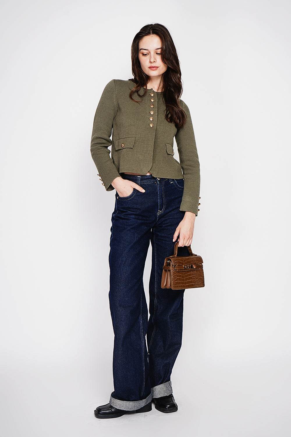Veste courte boutons fantaisie à rabat – Kaki – C&Jo