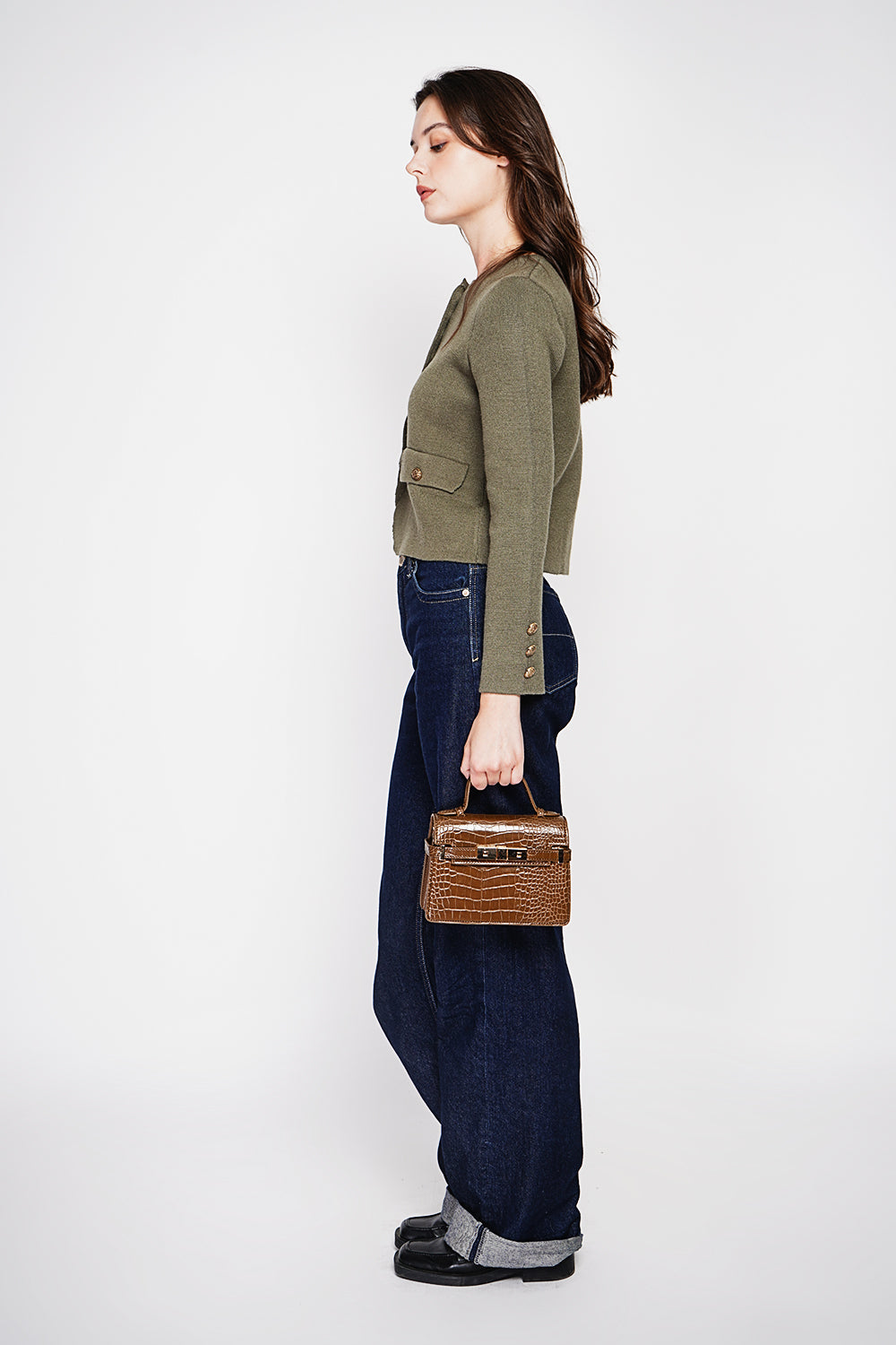 Veste courte boutons fantaisie à rabat – Kaki – C&Jo