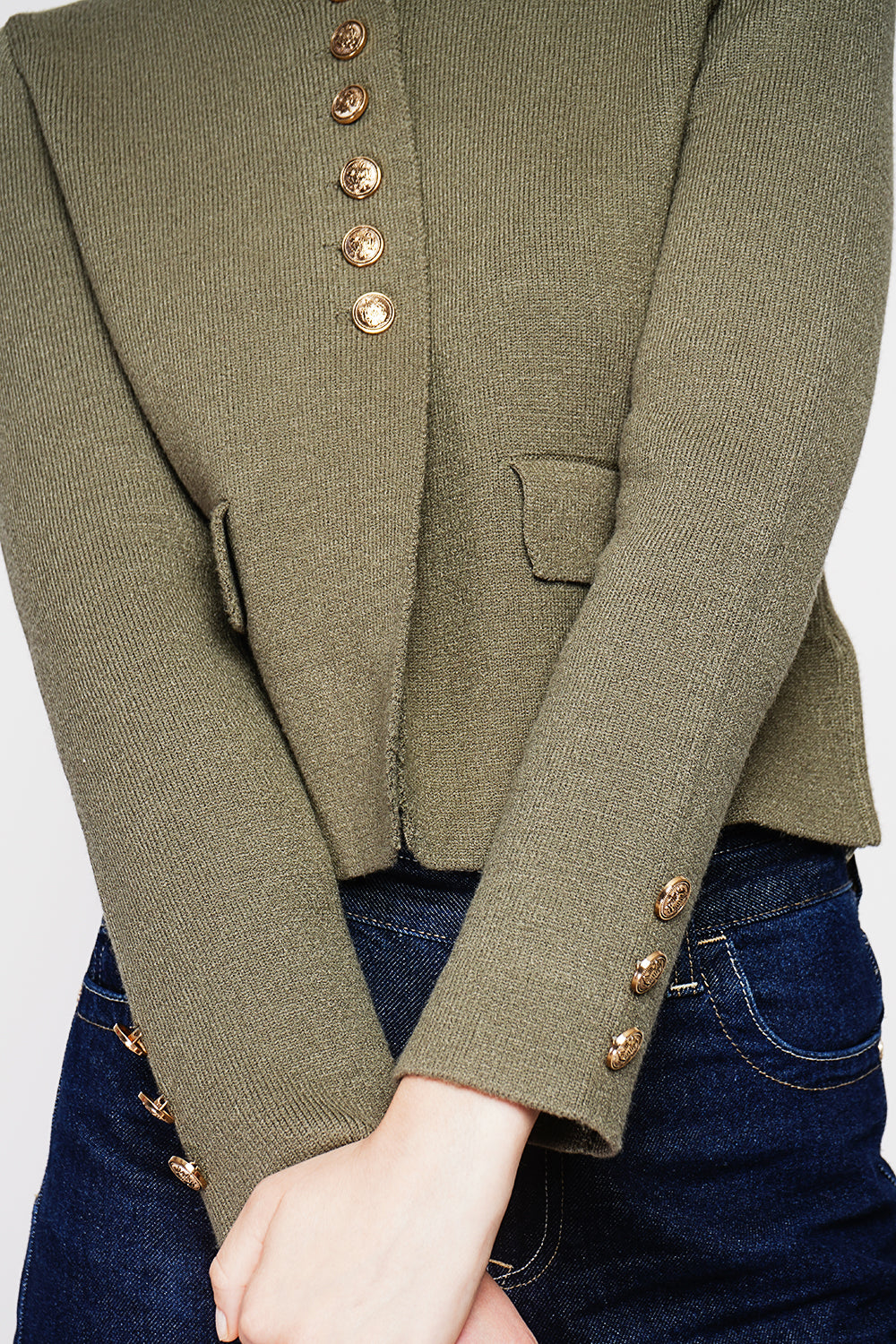 Veste courte boutons fantaisie à rabat – Kaki – C&Jo
