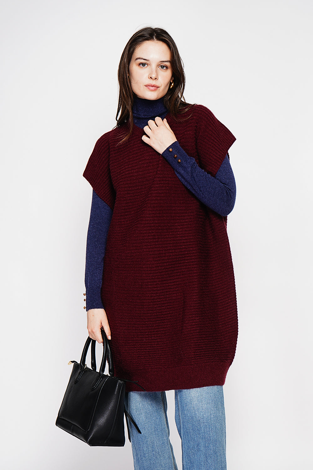 Oversized cut ribbed round neck poncho dress – Wine red – C&Jo