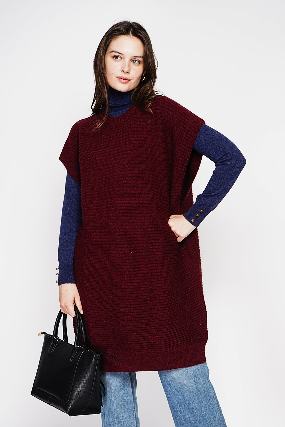 Oversized cut ribbed round neck poncho dress