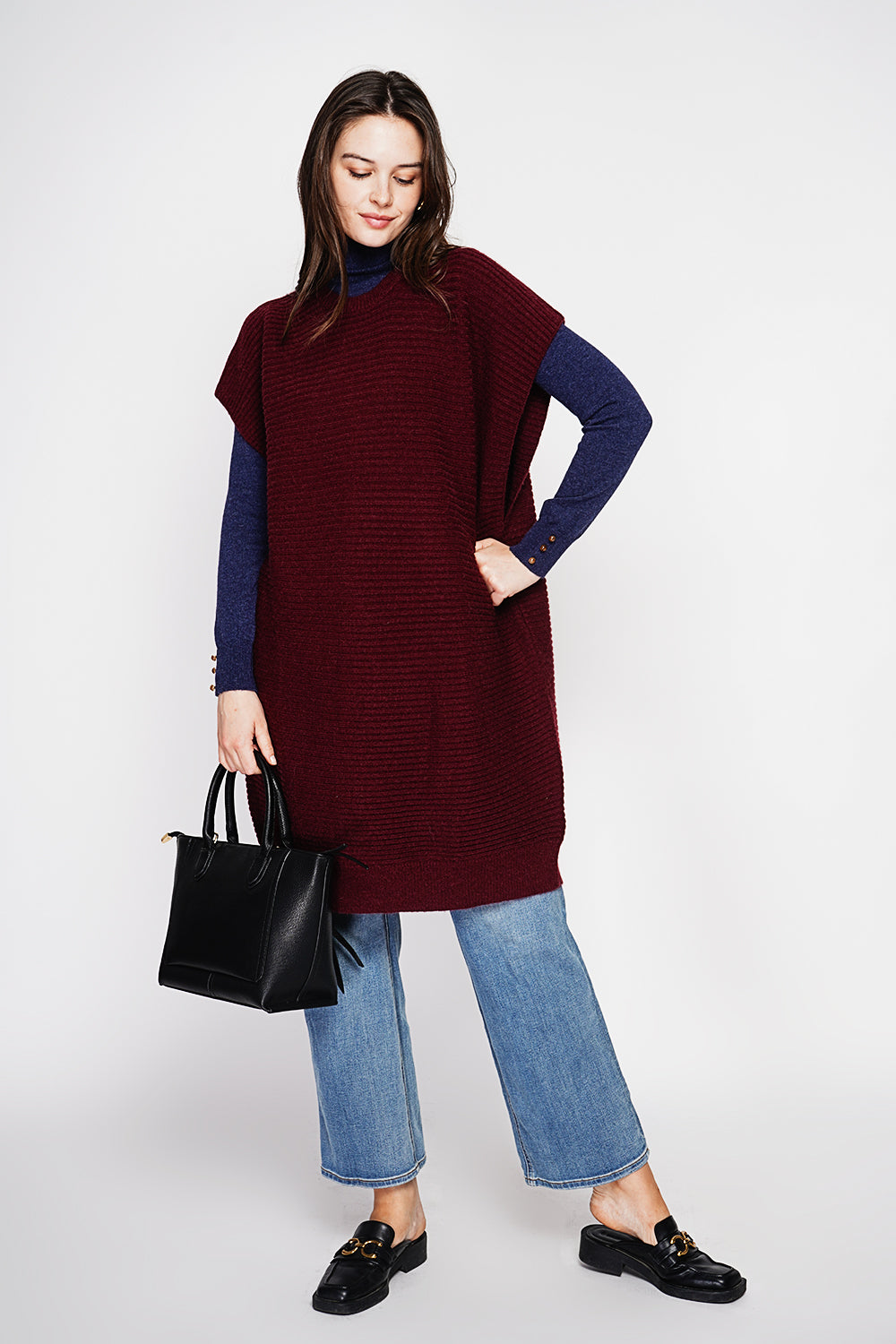 Oversized cut ribbed round neck poncho dress