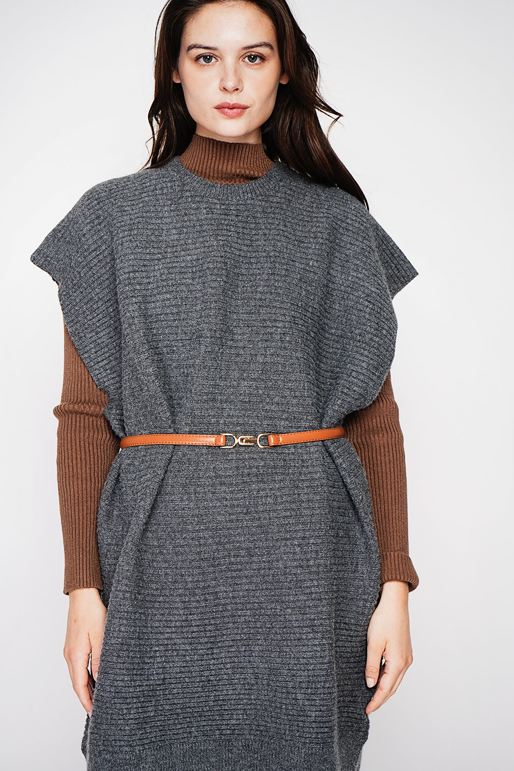 Oversized cut ribbed round neck poncho dress