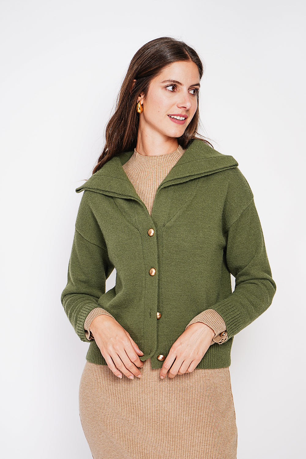Double collar buttoned front oversized cut long sleeve vest – Khaki – C&Jo