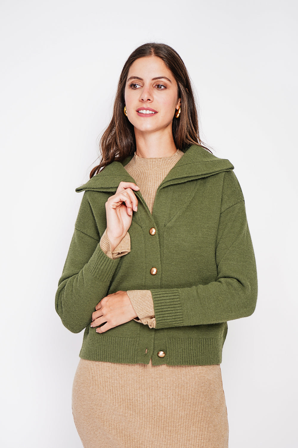 Double collar buttoned front oversized cut long sleeve vest – Khaki – C&Jo
