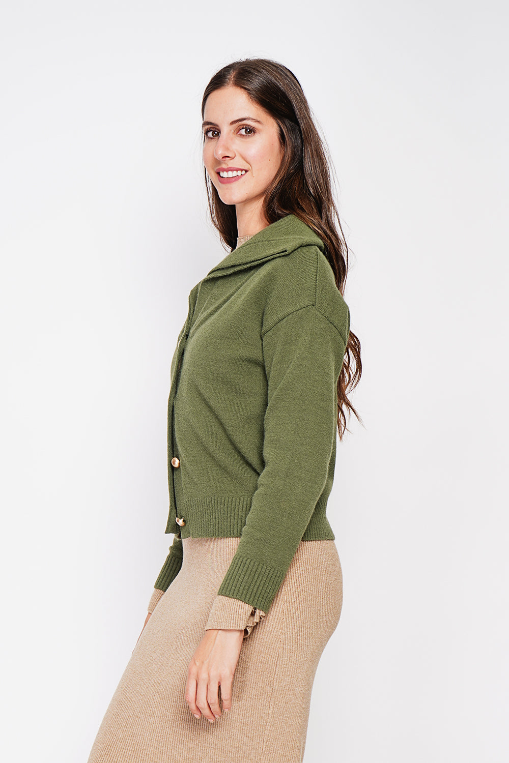 Double collar buttoned front oversized cut long sleeve vest – Khaki – C&Jo