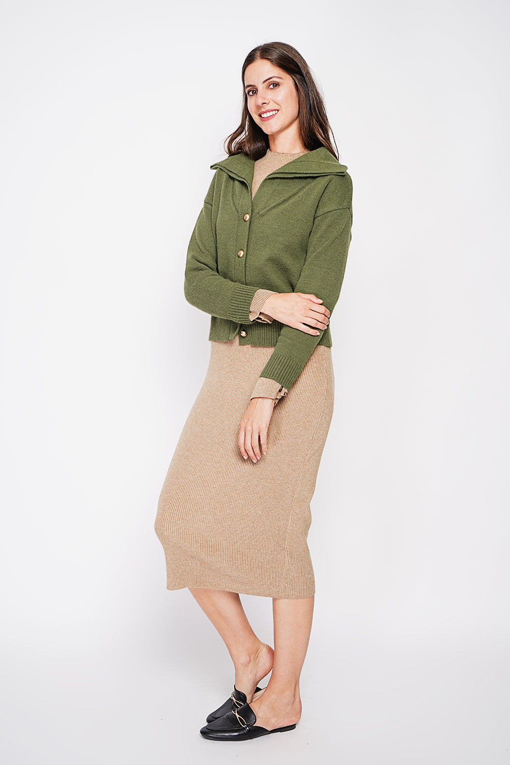 Double collar buttoned front oversized cut long sleeve vest – Khaki – C&Jo
