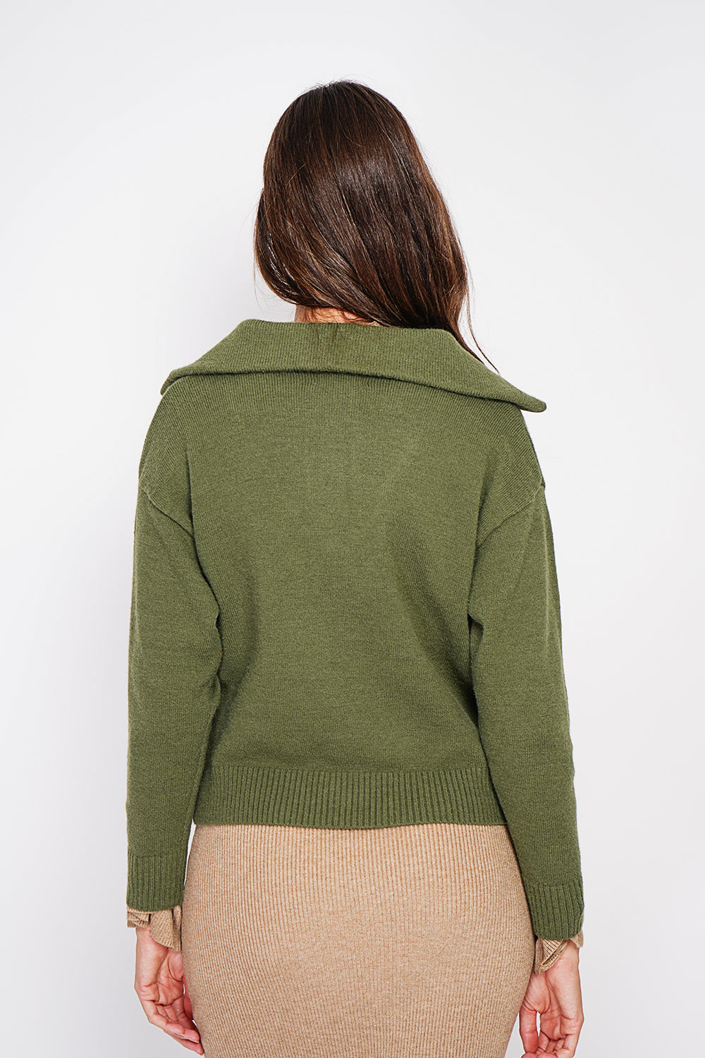 Double collar buttoned front oversized cut long sleeve vest – Khaki – C&Jo