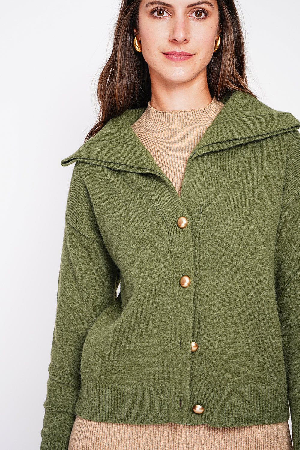 Double collar buttoned front oversized cut long sleeve vest – Khaki – C&Jo