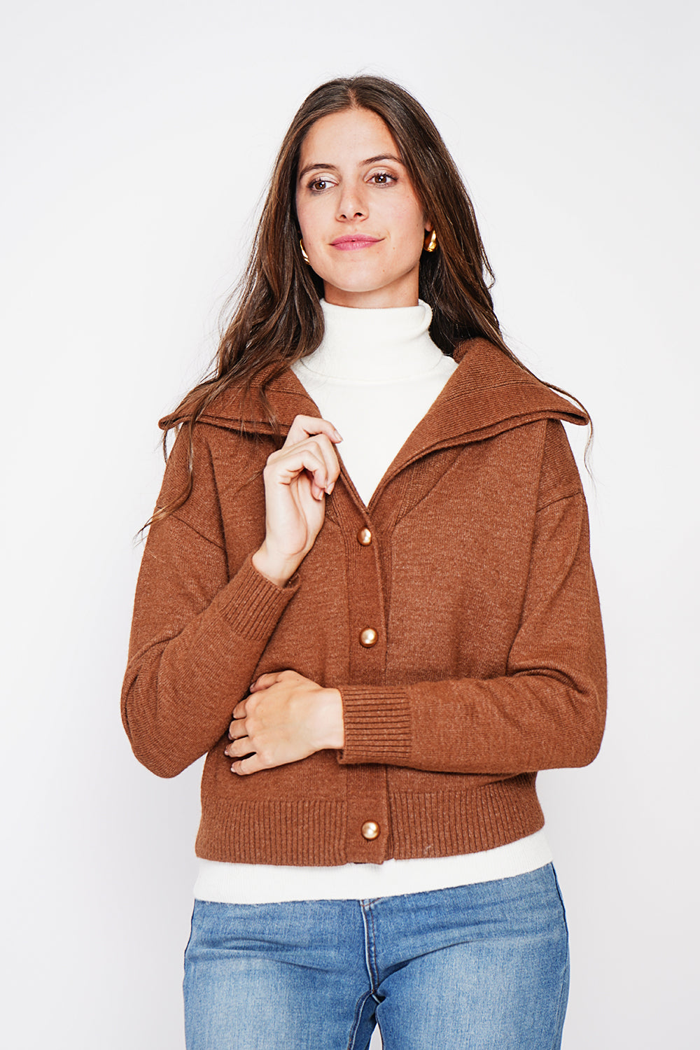Double collar buttoned front oversized cut long sleeve vest – Brown – C&Jo